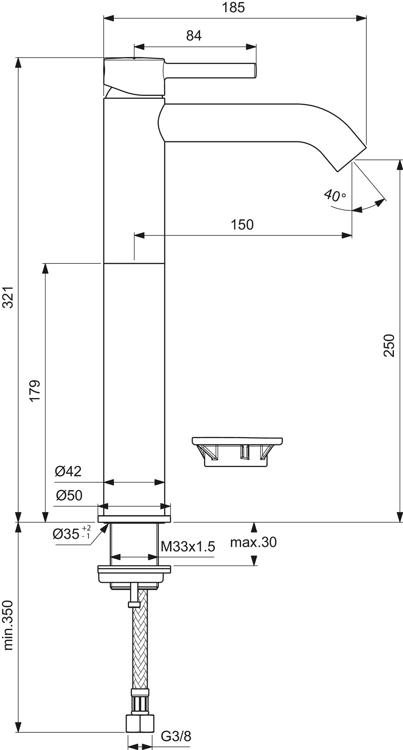 Mynd af Ideal Standard CERALINE handlaugartæki 250mm án botnventils Svart Matt