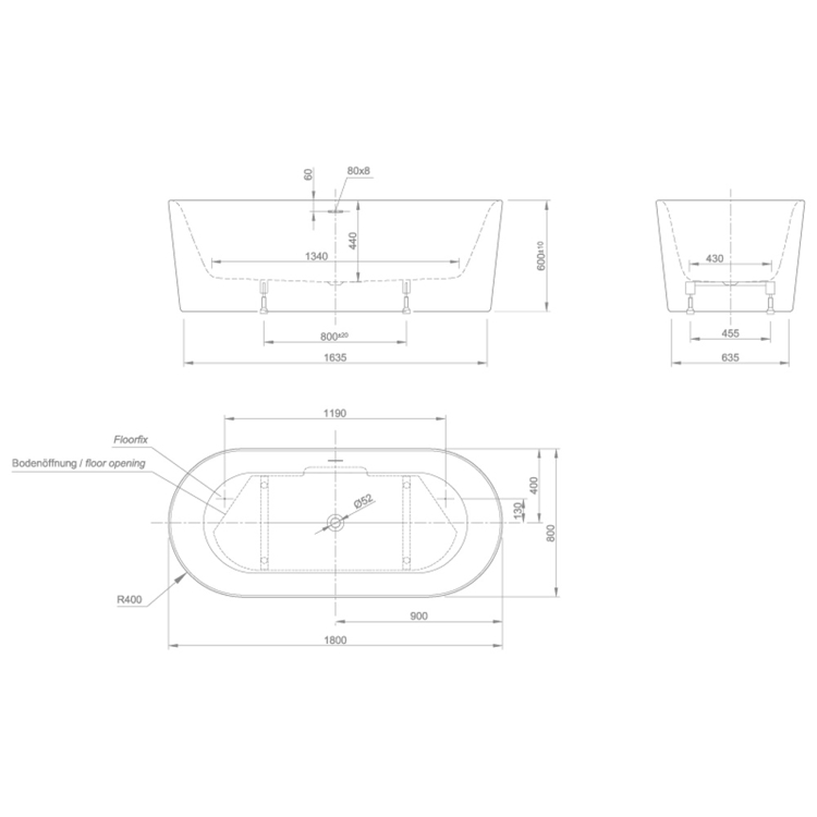 Mynd af Knief Fresh baðkar 1800x800x600mm Hvítur glans